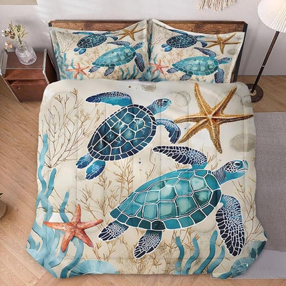 Full Size Comforter Set with 2 Pillowcases, Ocean Coral Sea Turtle 3 Pcs Bedding for Kids and Adults, Blue Shell Animal Soft Comforter Set for Bedroom Bed Decor