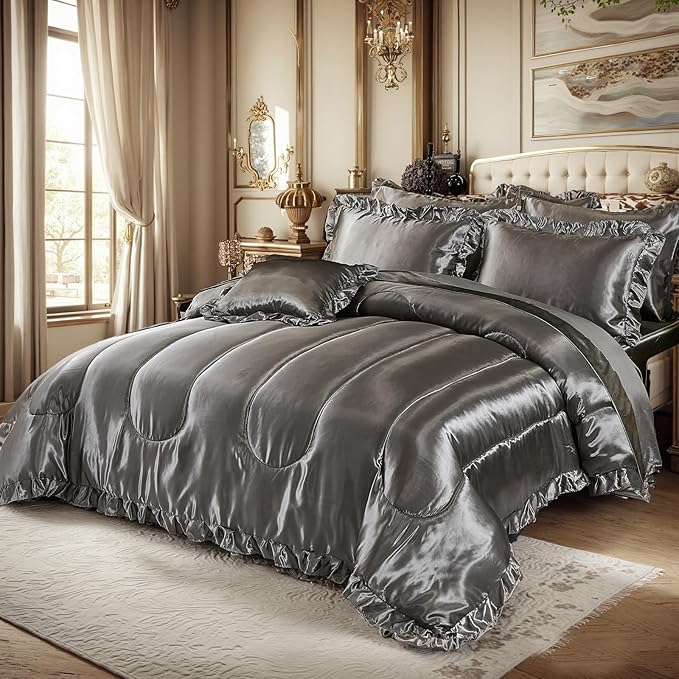 Grey Comforter Set with Satin Sheet Set Queen 8 Pieces Silk Like Satin Bedding Set Luxury Silky Ruffle Pattern Home Deocr Sexy Hotel Silky Bed Set with 1 Cushion Cover