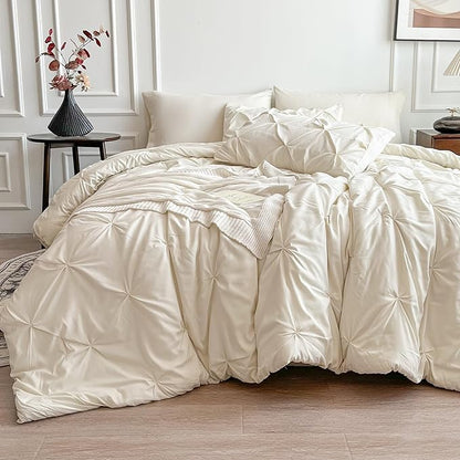 Maple&Stone Cream Queen Comforter Set, 7 Pieces Off White Comforter, Pintuck Bedding with Comforter, Sheets, Pillowcases & Shams - Cream