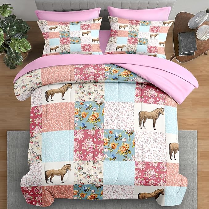 Comforter Set Full Size, Horse Animal Pink 7 Pcs Bedding for Kids and Adults, Country Farmhouse Bed Sheet Sets with Fitted Sheet 2 Pillowcases & 2 Shams for Bedroom Bed Decor