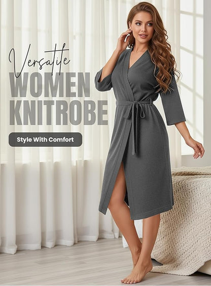 NY Threads Women's Robe Long Knit Bathrobe 3/4 Sleeves Soft Kimono Lightweight Loungewear