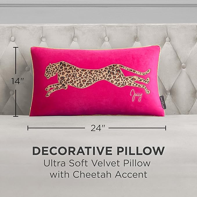 Juicy Couture Reversible Velvet Cheetah Pillow, 14" x 24" Decorative Pillow, Hot Pink