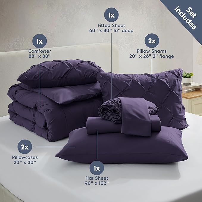 Nestl Queen Comforter Set 7 Piece - Pinch Pleated Comforters Queen Size Purple, Bed in a Bag Queen All Season, Queen Size Comforter Sets Bedding with Flat Sheet and Fitted Sheet, Pillowcases and Shams