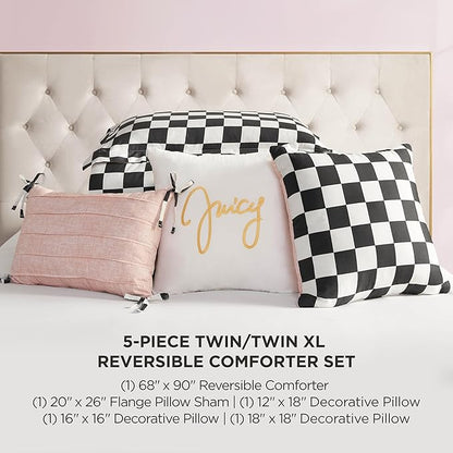 Juicy Couture Reversible Checkerboard Comforter Set 5-Piece Twin/Twin XL Set, Black/White