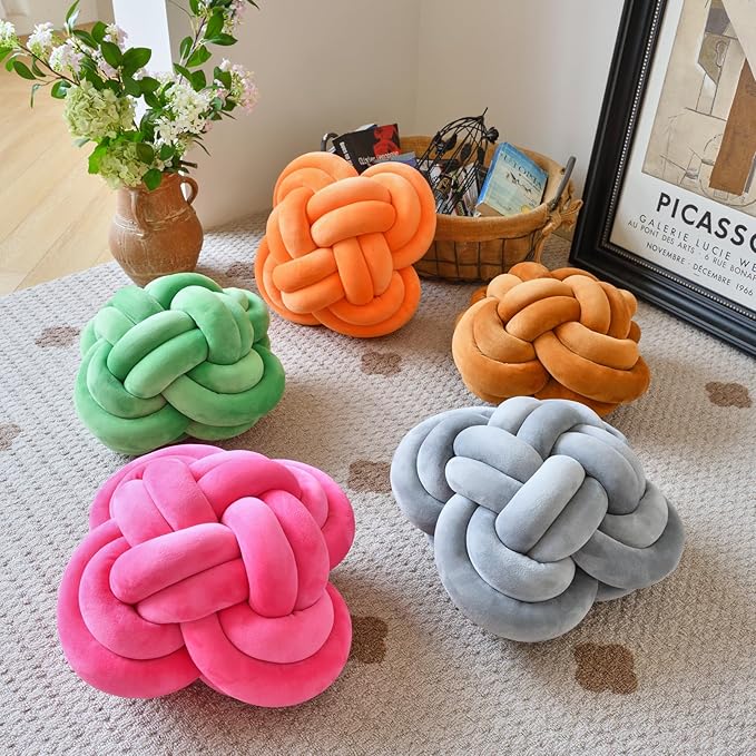 Xuyier Knot Pillow Ball, Decorative Throw Pillows with Velvet Fabric for Couch Bed, 12" Decor Knotted Square Floor Pillow Cushions for Living Room (12 Inches, Light Grey)