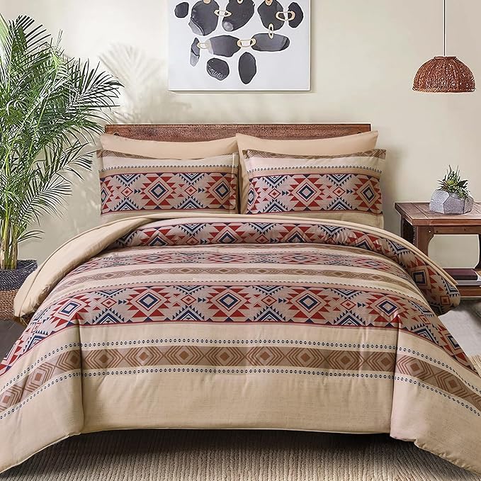 Anibedding King Size Comforter Set 7 Pieces Light Khaki Brown Farmhouse Bedding Comforter Set, Boho Aztec Bed in a Bag Soft Microfiber Bed Set with Sheets, Pillowcases & Shams