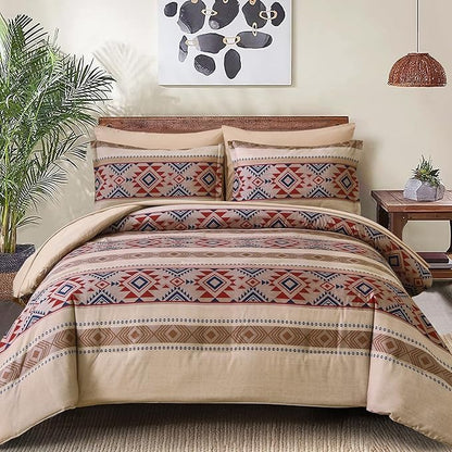 Anibedding King Size Comforter Set 7 Pieces Light Khaki Brown Farmhouse Bedding Comforter Set, Boho Aztec Bed in a Bag Soft Microfiber Bed Set with Sheets, Pillowcases & Shams