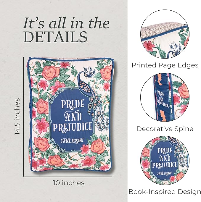 Steel Mill & Co. Book Shaped Throw Pillow, 14.5" x 10" Decorative Literary Pillow with Embroidered Cover, Printed Page Edges and Piping Detail for Mother's Day Gifting (Pride and Prejudice)