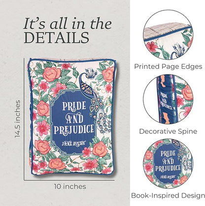 Steel Mill & Co. Book Shaped Throw Pillow, 14.5" x 10" Decorative Literary Pillow with Embroidered Cover, Printed Page Edges and Piping Detail for Mother's Day Gifting (Pride and Prejudice)