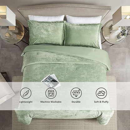 Luxury Velvet King Size Comforter Set, 3 Pieces Reversible Brushed Solid Microfiber Back, All Season Cozy, Soft, Warm (Sage Green,104x90 in)