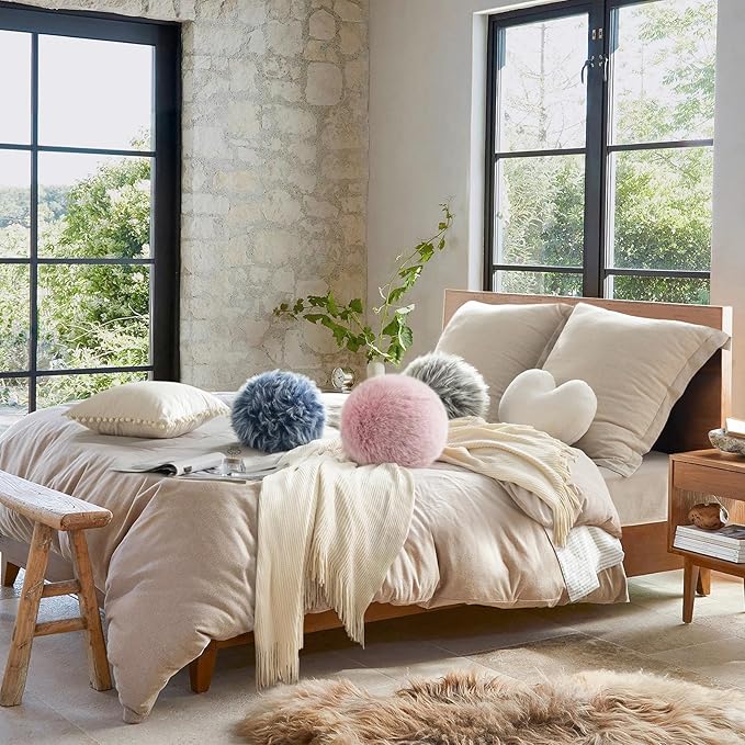 Ashler Plush Round Pillows, Ball Throw Pillow with Handle, Faux Fox Fur Luxury Soft Decorative Cushion, Modern Home Decor Fluffy Round Pillow for Sofa, Bed, Chair, Light Pink, 9 x 9 inch