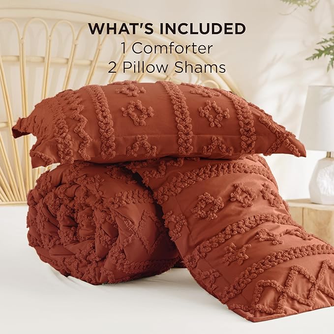 Bedsure Tufted Boho Comforter Set California King - Terracotta Boho Bed Set, GentleSoft™ 3 Pieces Farmhouse Shabby Chic Embroidery Bedding, Gifts for Woman, Soft Jacquard Comforter for All Seasons