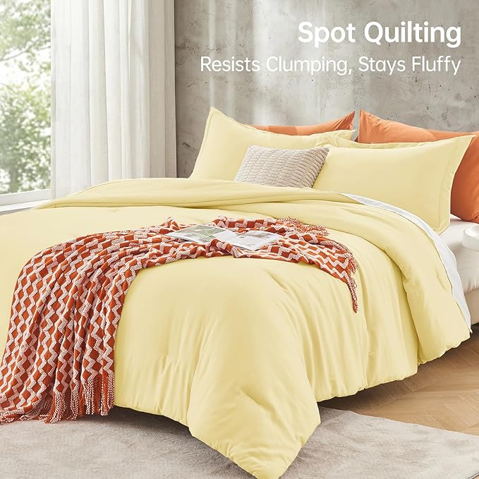 MUXHOMO Queen Comforter Set, All Season Ultra Soft Down Alternative Bedding - 3 Piece Lightweight Bed Set Includes 1 Comforter (90"x90") and 2 Pillow Shams (20"x26"), Cream Yellow