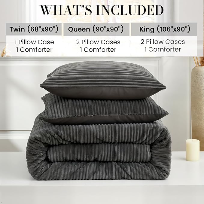 Amélie Home Luxury Flannel Fleece Queen Comforter Set,Soft Warm Striped Plush Bedding Set for Winter, 3 Pieces, 1 Cozy Comforter with 2 Pillowcases, Charcoal Gray, 90"x90"