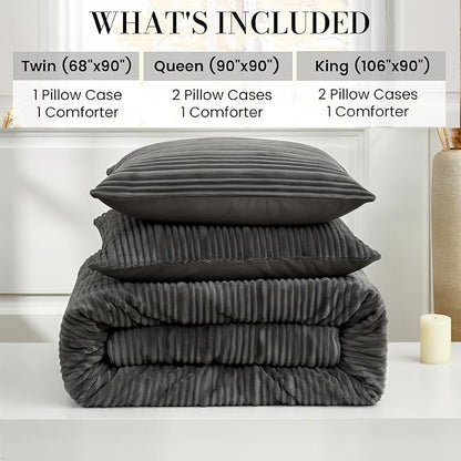 Amélie Home Luxury Flannel Fleece Queen Comforter Set,Soft Warm Striped Plush Bedding Set for Winter, 3 Pieces, 1 Cozy Comforter with 2 Pillowcases, Charcoal Gray, 90"x90"