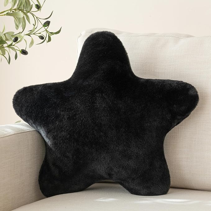 Star Pillow, Decorative Throw Pillow with Plush for Couch, Cute Decor Pillows for Bed, Aesthetic Star Shaped Pillow Fun Cushion for Sofa Living Room (Black, 14.9 Inches)