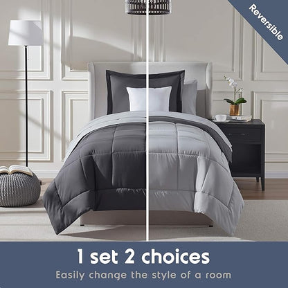 Nestl 5 Piece Twin Comforter Set – Dark Grey Reversible Bed in a Bag – Complete Twin Size Bedding Set with Sheets, Pillowcase and Sham