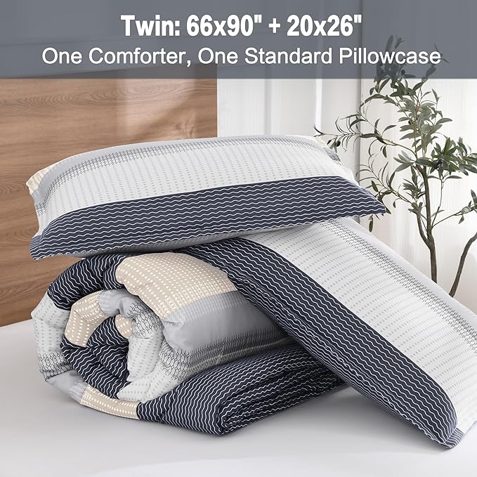 Litanika Comforter Set Twin/Twin XL Blue Yellow - 2 Pieces Lightweight Blue Yellow White Colorblock Stripe Fluffy Bedding Comforter Sets, All Season Bed Set