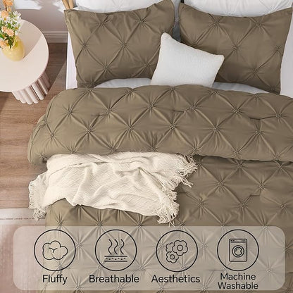 BEDELITE Light Brown King Size Comforter Set - 3 Pieces Boho Pintuck Bedding Comforter Sets, Lightweight Soft & Warm King Bedding Set with 2 Pillowcases for All Season