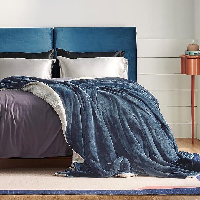 Bedsure GentleSoft Sherpa Fleece Blankets Queen Size for Bed - Thick and Warm Throw for Women and Men, Soft Fuzzy Plush Queen Blanket for Winter, Non-Heated, Slate Blue, 90x90 Inches