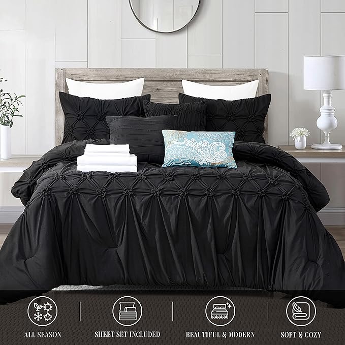 Elegant Comfort 12-Piece Bed-in-a-Bag, Ella Pleated Ruched Pintuck Comforter Set, 6-Piece Sheet Set Featuring Smart Pockets, Matching Decorative Pillows, All Season Bedding, Full, Black