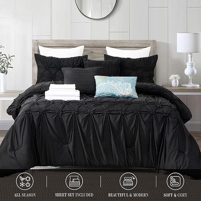 Elegant Comfort 12-Piece Bed-in-a-Bag, Ella Pleated Ruched Pintuck Comforter Set, 6-Piece Sheet Set Featuring Smart Pockets, Matching Decorative Pillows, All Season Bedding, Full, Black