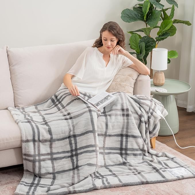 Berkshire Blanket Heated Throw Blanket, Grace Fur to Loftmink Reversible Electric Throw with 4 Heat Levels, Fast Heating Printed Throw for Couch and Bed, Auto Shut-Off Feature (50"x60")