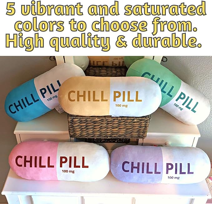 Chill Pill Pillow - Cervical Neck Pillow, Calming Corner Classroom Must Haves Bolster Throw Pillows, College Dorm, Boho Classroom Decor, Lumbar Support, Home Office Preppy Stuff