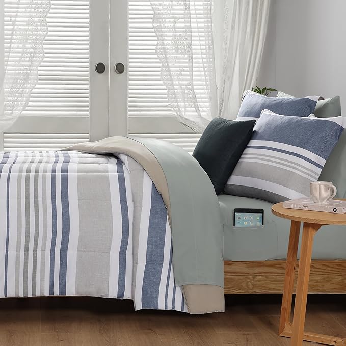 Monbix King Size Comforter Set - 7 Pieces Bed in a Bag King, Ocean Blue-Stripe Bedding Sets, All Seasons Comforter Bed Set with Sheets, Pillowcases & Shams