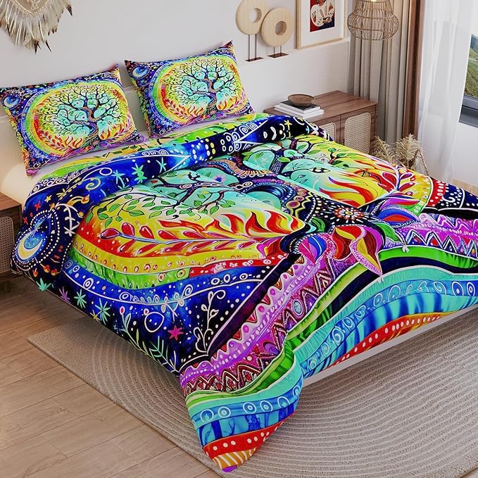 Tree of Life Comforter Sets for Kids Adults,3D Bohemian Pattern with Bright Colors,Decorative Bedding Comforter Sets with 2 Pillow Shams, Queen Size