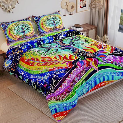 Tree of Life Comforter Sets for Kids Adults,3D Bohemian Pattern with Bright Colors,Decorative Bedding Comforter Sets with 2 Pillow Shams, Queen Size