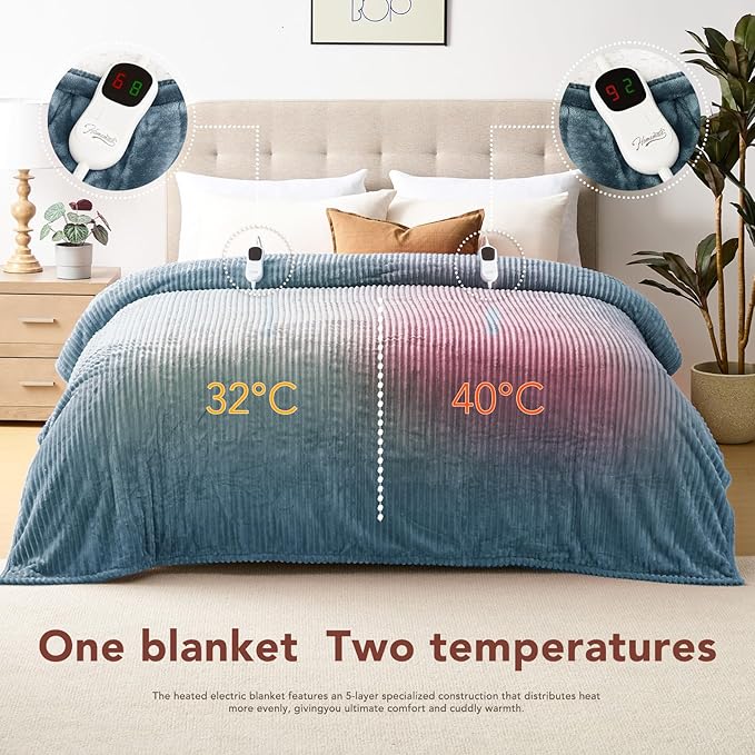 Homemate Electric Heated Blanket Queen Size - 84"x90" Heating Blanket Queen Size Dual Control 1/2/4/6/8 Hours Auto-Off 10 Heat Level Over-Heat Protection Soft Flannel Sherpa ETL Certification