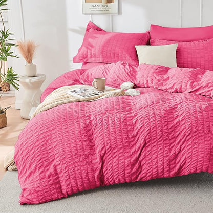 HYMOKEGE Hot Pink California King Comforter Set Seersucker 7 Pieces, All Season Luxury Bed in a Bag for Bedroom, Bedding Set with Comforter, Sheets, Pillowcases & Shams