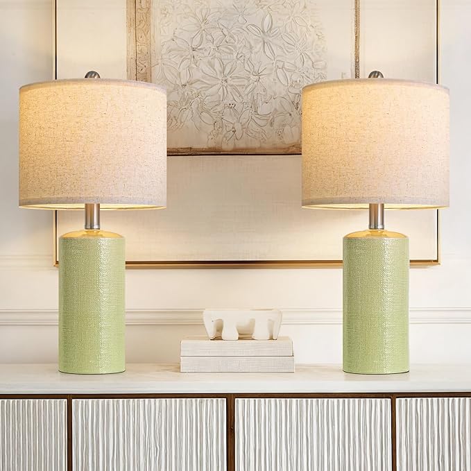 20.5" Small Table Lamps for Living Room Lamp Set of 2 Ceramic Lamps for Bedroom Bedside Lamps Modern Boho Lamps for Night Stands Farmhouse Nightstand Lamp Side End Table Lamp, Light Green