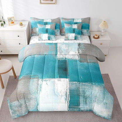 Erosebridal Blue White Grey Full Comforter Set 7-Piece Aesthetic Bed in a Bag, Gradient Bedding Comforter Sets Modern Bedding Set (Comforter, Fitted Sheet, Flag Sheet, Pillowcase, Throw Pillow Cover)