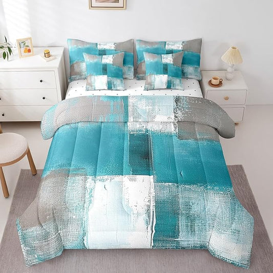 Erosebridal Blue White Grey Twin Comforter Set 7-Piece Aesthetic Bed in a Bag, Gradient Bedding Comforter Sets Modern Bedding Set (Comforter, Fitted Sheet, Flag Sheet, Pillowcase, Throw Pillow Cover)