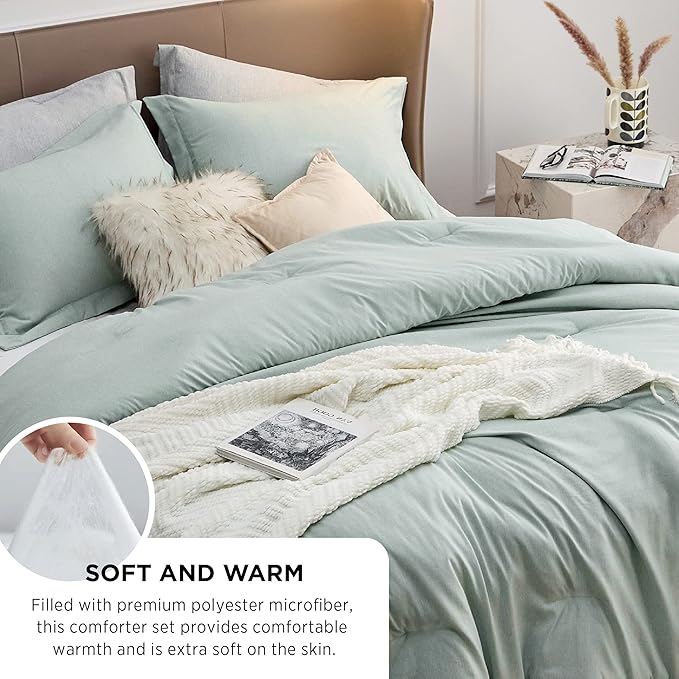 Bedsure Queen Comforter Set - Sage Green Comforter Queen Size, Soft Bedding for All Seasons, Cationic Dyed Bedding Set, 3 Pieces, 1 Comforter (90"x90") and 2 Pillow Shams (20"x26"+2")