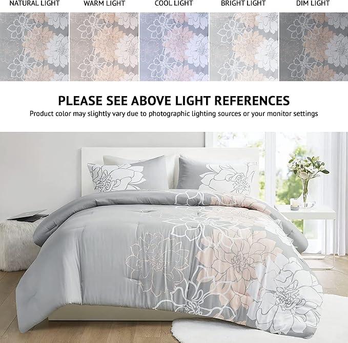 Madison Park Delilah Sateen Cotton Comforter Set, Breathable, Soft Cover, Modern Print, All Season Down Alternative Cozy Bedding with Matching Shams, King/ Cal King, Grey/Blush 3 Piece