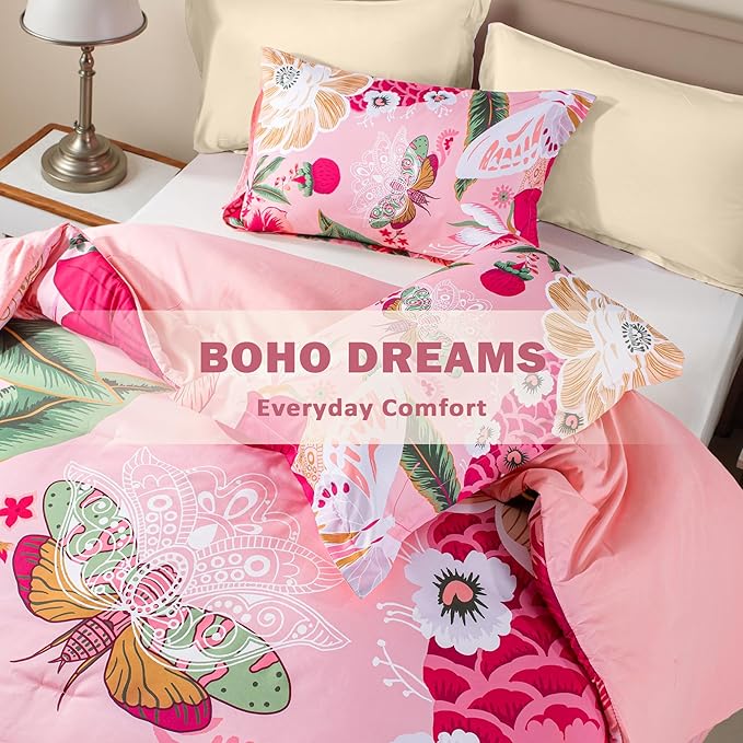 Pink Boho Floral King Comforter Set - 3 Piece Farmhouse Botanical Bedding Comforter Sets for All Season Soft Lightweight Mid Century Modern Bed Set, (1 Reversible Comforter and 2 Pillow Shams