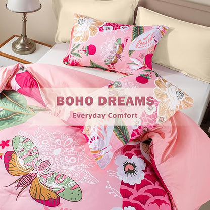 Pink Boho Floral Queen Comforter Set - 3 Piece Farmhouse Botanical Bedding Comforter Sets for All Season Soft Lightweight Mid Century Modern Bed Set, (1 Reversible Comforter and 2 Pillow Shams