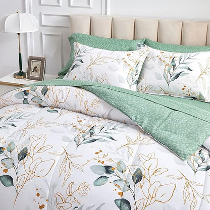 Joyreap 7 Piece Bed in a Bag California King, Green Leaves Print on White Botanical Design, Microfiber Floral Bedding Comforter Set for All Season