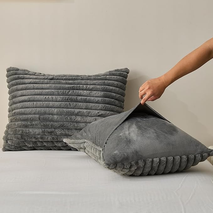 Simple&Opulence Fluffy Faux Fur Comforter Set, Plush Fuzzy Minky Bedding Set, 3 Pieces Warm Soft Comforter Bedding Set for Winter - 1 Shaggy Comforter with 2 Pillow Shams(Queen, Striped - Dark Grey)