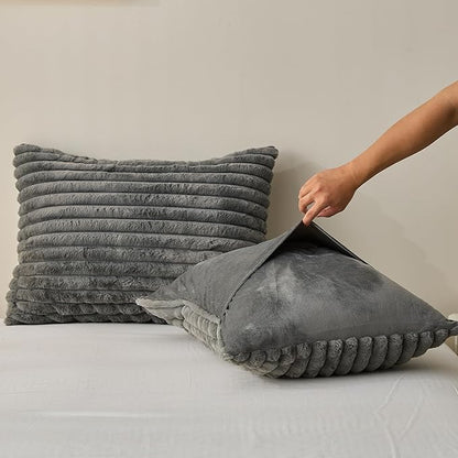 Simple&Opulence Fluffy Faux Fur Comforter Set, Plush Fuzzy Minky Bedding Set, 3 Pieces Warm Soft Comforter Bedding Set for Winter - 1 Shaggy Comforter with 2 Pillow Shams(King, Striped - Dark Grey)