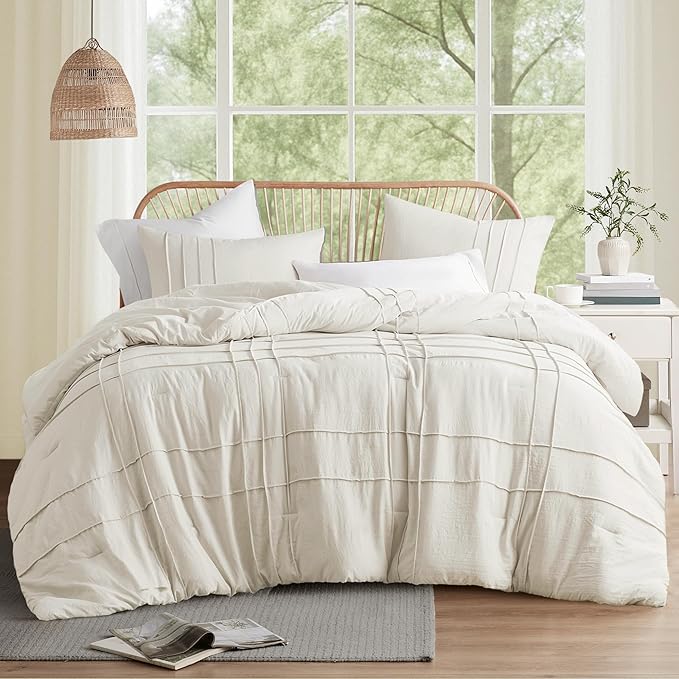 Comfort Spaces Cream Twin Size Comforter Set - 2 Pieces Pintuck Pleated Bedding Sets, All Season Lightweight, Extra Softness Pre-Washed Microfiber Bed Set, Shams, Twin/Twin XL