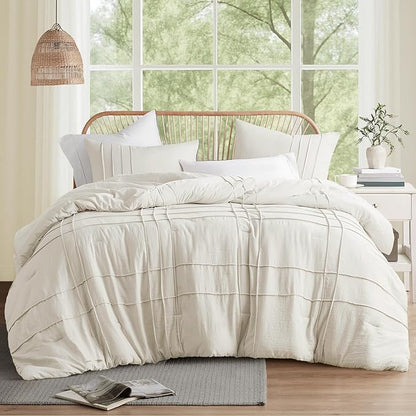 Comfort Spaces Neutral Full Size Comforter Set - 3 Pieces Pintuck Pleated Bedding Sets, All Season Lightweight, Extra Softness Pre-Washed Microfiber Full Bed Set, Shams, Full