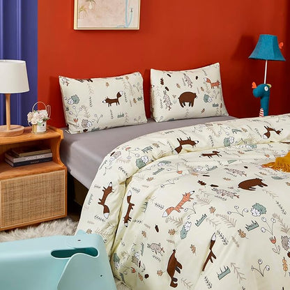CLOTHKNOW Kids Full Size Comforter Sets Yellow Bedding Comforter Sets Cartoon Animal Fox Theme Woodland Forest Bedding with 2 x Pillow Cases