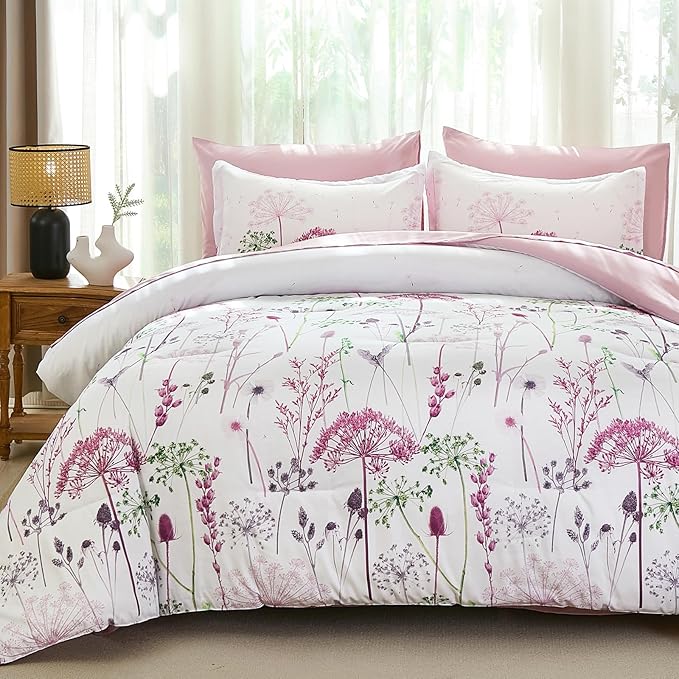 Yiran 7 Piece Comforter Set King Size, Pink Dandelion Floral Bedding Set, Botanical Bed in a Bag King, Soft Microfiber Complete Bedding Set with Comforter, Sheets, Pillowcases & Shams