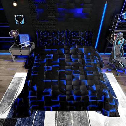 Erosebridal Neon Black Blue Boys Comforter Set Full Size Geometric Checkered Kids Bedding Set Teen Men Gaming Room Decor,Abstract Ombre Plaid Comforter Grids Quilt Duvet