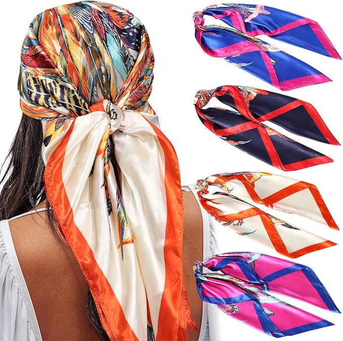 AWAYTR 35” Satin Large Square Head Scarves - 4PCS Silk Like Neck Scarf Hair Sleeping Wraps Satin Silk Scarfs for Women
