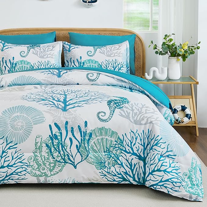 WONGS BEDDING Coastal Comforter Set Queen, Beach Themed Comforter,7 Pieces Ocean Nautical Seaweed & Starfish Bed in a Bag (90"×90")